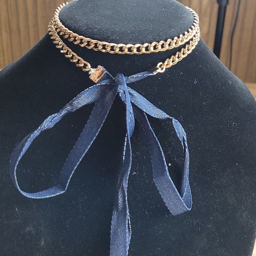 Mia Collection Sexy Denim Tie Choker Gold Tone Lolita Necklace - Picture 2 of 4